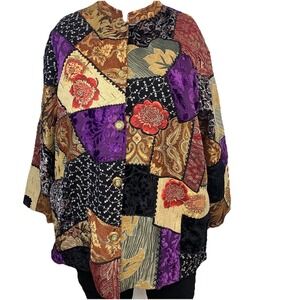 Indigo Moon Patchwork Boho Jacket Woman 2X Artsy Texture Mixed Print Embroidered